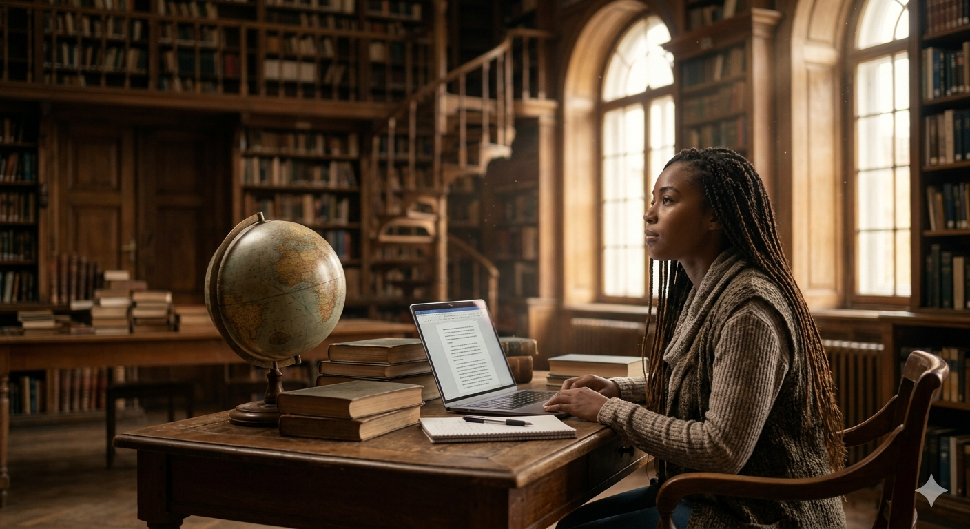 Author working on a manuscript in a library